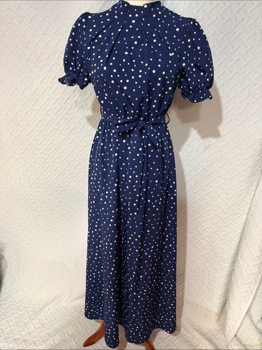 SHEIN Navy and White Polka Dot Maxi Dress with Tie Waist